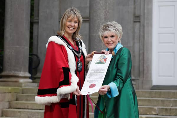 Gloria Hunniford is pictured with Lord Mayor of Armagh City, Banbridge and Craigavon Borough, Alderman Margaret Tinsley Picture:  Kelvin Boyes / Press Eye