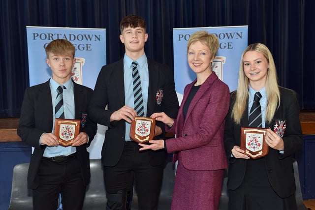 Students who were awarded school honours pictured with principal of Portadown College, Miss Gillian Gibb. PT49-201