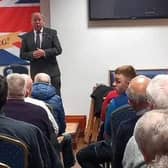 TUV leader Jim Allister addresses Tuesday night's meeting in Carrickfergus Orange Hall