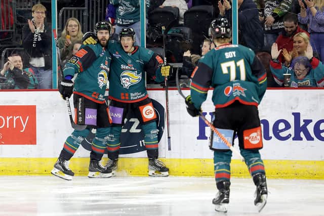 Belfast Giants’ Sean Norris (#14) celebrates with David Gilbert against Manchester Storm during an EIHL game at the SSE Arena, Belfast.  Photo by William Cherry/Presseye