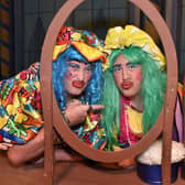 Nothing like a dame...Eddie Drury, left, and Jason Price who play the 'Ugly Sisters' in the Gateway Theatre Group 40th anniversary pantomime, 'Cinderella'. PT01-233.