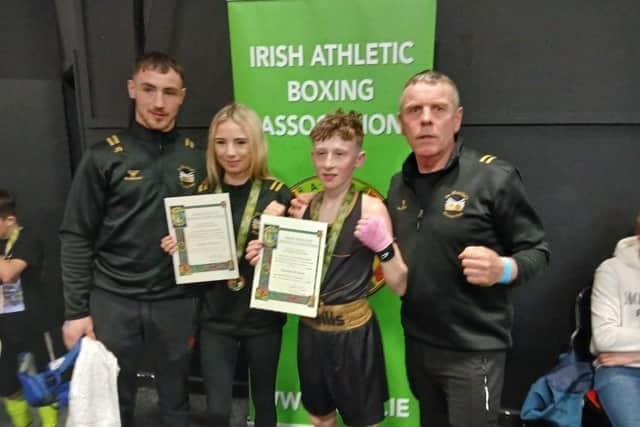 St Monica's BC coaches Jamie and Owen with Irish champions Kayla Harris and Joe 'Toke' McParland.