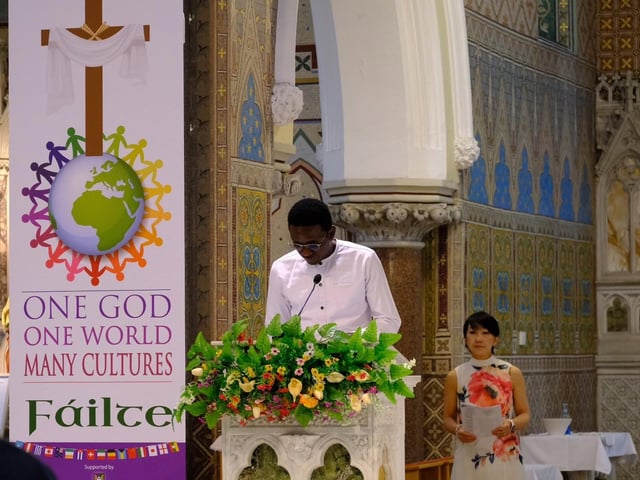 Addressing the congregation at the International Mass at St Peter's Church in Lurgan, Co Armagh.