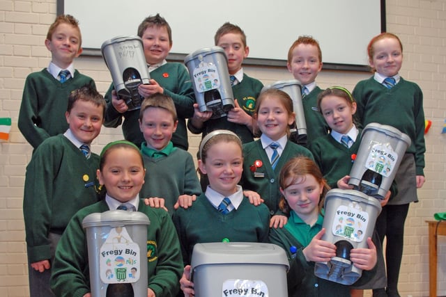 The student council at St Brendan's Primary School in March 2010 with the 'Fregy' Bins to collect recyclable waste around the school to make compost.