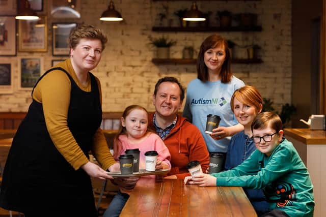 The Baxter family from Belfast joined Naomi Millar, Area Manager Ground Espresso Bars (L) and Therese Wilson, Corporate Fundraising Manager (inset) to launch their new charity partnership for World Autism Acceptance Month in April.