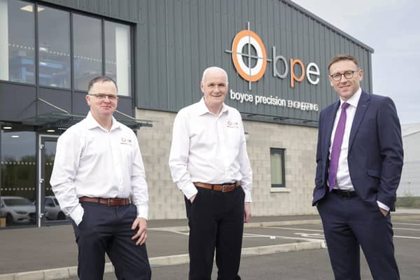 Boyce Precision Engineering has become one of the first companies in Northern Ireland to adopt an innovate new Employee Ownership Trust model that has seen the employees assume ownership of the business. Pictured announcing the EOT model are, from left, Brian Boyce, outgoing Managing Director, Boyce Precision Engineering, Brian Perry, Managing Director, Boyce Precision Engineering, and Paul Prenter, Director, Grant Thornton NI, who acted for Boyce in structuring the EOT deal