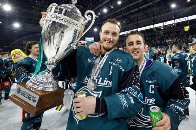 Belfast Giants’ Mark Cooper and David Goodwin celebrate after defeating the Fife Flyers to win the Challenge Cup Final at the SSE Arena, Belfast. Photo by William Cherry/Presseye