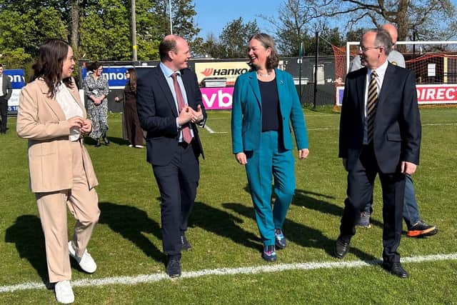 The Ministers meeting club officials at Carrick Rangers. Photo: submitted