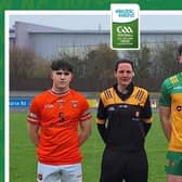 Armagh Minor captain Tomas Fox and Donegal captain Kalvin McLaughlin pictured with referee Maggie Farrelly.