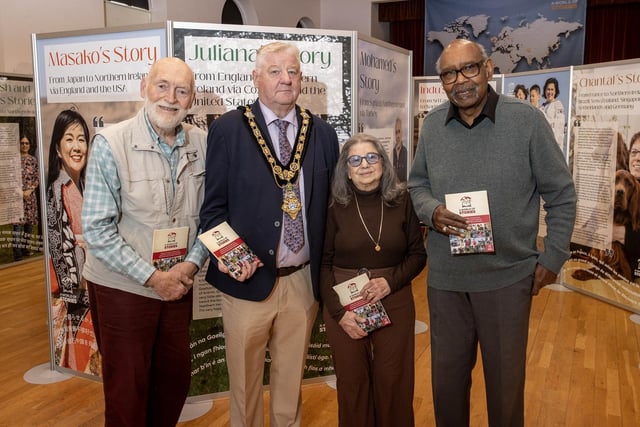 Project participants Mick Turner, Flora Todaro Luck and Bruck Luck, with the Mayor of the Causeway Coast and Glens Borough Council, Councillor Steven Callaghan at the exhibition in Coleraine Town Hall.