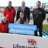 Mayor of Causeway Coast and Glens, Councillor Steven Callaghan launches the Lifeguarding Academy with Conard McCullagh and Michael Thompson from RNLI, Chloe Stewart from the Labour Market Partnership, Carl Russell from Sub 6. CREDIT CAUSEWAY COAST AND GLENS COUNCIL