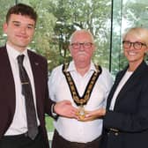 Outgoing Mayor Cllr Ciaran McQuillan (left) and Deputy Mayor Cllr Tanya Stirling (right) pictured with newly elected Mayor Cllr Oliver McMullan. CREDIT CCGBC