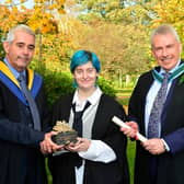 Kelcy Blair, Ballyclare, received the Ronnie Cameron Perpetual Award presented by ALCI for landscape design project work. Kelcy, a Level 3 Advanced Technical Extended Diploma in Horticulture graduate, was congratulated by Martin Wooster, lecturer and Paul Mooney, head of horticulture, CAFRE.