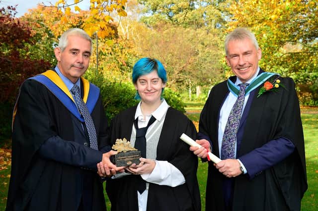 Kelcy Blair, Ballyclare, received the Ronnie Cameron Perpetual Award presented by ALCI for landscape design project work. Kelcy, a Level 3 Advanced Technical Extended Diploma in Horticulture graduate, was congratulated by Martin Wooster, lecturer and Paul Mooney, head of horticulture, CAFRE.