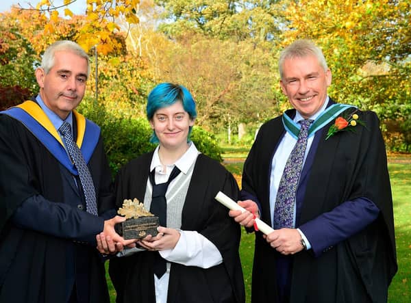 Kelcy Blair, Ballyclare, received the Ronnie Cameron Perpetual Award presented by ALCI for landscape design project work. Kelcy, a Level 3 Advanced Technical Extended Diploma in Horticulture graduate, was congratulated by Martin Wooster, lecturer and Paul Mooney, head of horticulture, CAFRE.