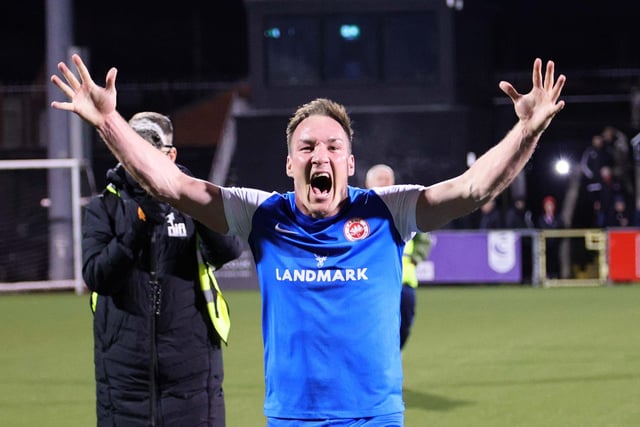 Larne's Albert Watson celebrates after Friday evening's game at Seaview.  Photo by David Maginnis/Pacemaker Press