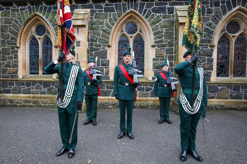 Standard-bearers taking part in the ceremonial event marking The Royal Irish Regiment's historic links with the town.