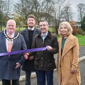 Deputy Chair of Mid Ulster District Council, Councillor Wesley Brown is pictured with the Minister of Agriculture, Environment and Rural Affairs (DAERA), Andrew Muir MLA and Sharon McGowan and Patrick Cosgrove from the Department for Communities (DfC), during a visit to Manon Park, Moneymore which has recently undergone extensive improvement works totalling £260,000, funded as part of the COVID Recovery Small Settlements Regeneration Programme. Credit: Supplied