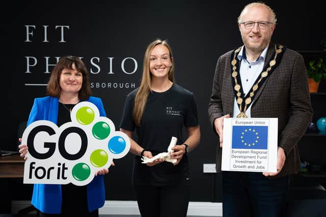 Pictured left to right is Martina Crawford, Chief Executive Officer at Lisburn Enterprise Organisation Ltd, Kayleigh Jess, Owner of Fit Physio Hillsborough and Councillor Andrew Gowan, Mayor of Lisburn & Castlereagh City Council. Pic credit: Lisburn & Castlereagh City Council