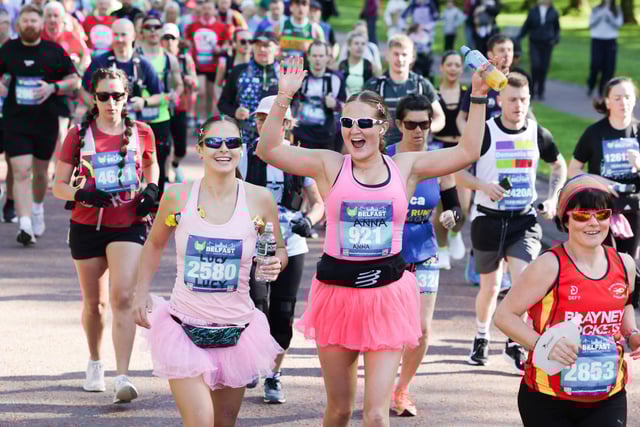 Having fun at the Belfast City Marathon.