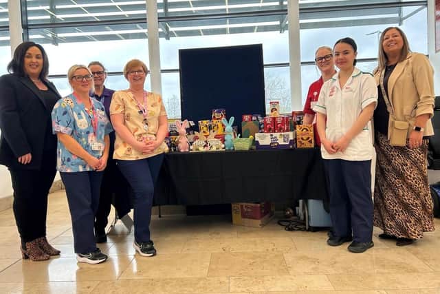 Siobhan Hanna (Brook Street), Tracey McCollum (Nursing Assistant), Joanne Graham (Ward Clerk), Gillian Sinclair (Healthcare Play Specialist), Emma Servic (ward Sister) and Hannah Winter (Student Nurse) and Margaret Blackwood (Lloyds Bank). Pic credit: SEHSCT