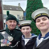 Two cadets meeting WO1 Douglas MBE, Bandmaster of the Band of the Royal Irish Regiment. Pic credit: Lisburn Sea Cadets