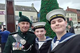 Two cadets meeting WO1 Douglas MBE, Bandmaster of the Band of the Royal Irish Regiment. Pic credit: Lisburn Sea Cadets