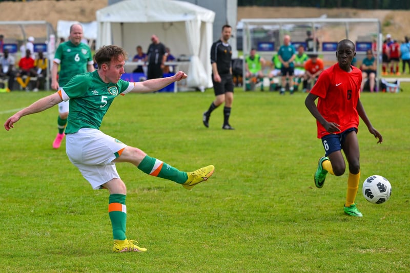 Team Ireland's Eamon Quinn, a member of Eagles Special Olympics Club, from Cookstown, Co Tyrone,  in action during the qualifier match between Ireland and Uganda on day three of the World Special Olympic Games 2023 at The Mayfield in the Olympiapark in Berlin, Germany.  Photo by Ray McManus/Sportsfile