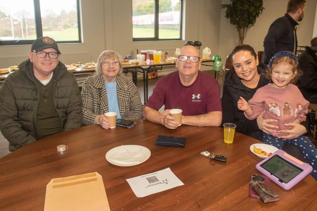 Supporting the coffee morning in aid of Bowel Cancer UK are from left, Maurice McIlwaine, Ellen McIlwaine, Paul McIlwaine, Grace Stevenson and Ava Stevenson (3). PT06-204.
