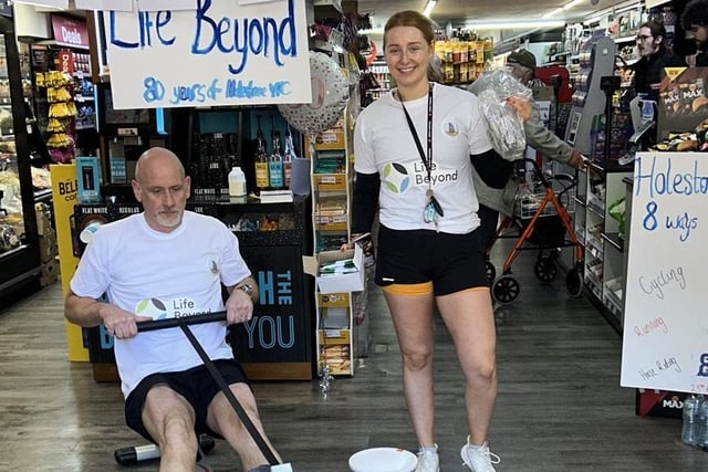 Past member Alistair Hall kicking off the rowing along with club leader Clara McConnell.