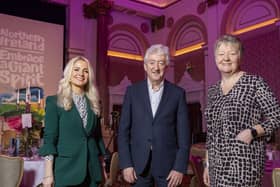 Holly Hamilton, presenter and event host, with John McGrillen and Ellvena Graham of Tourism NI