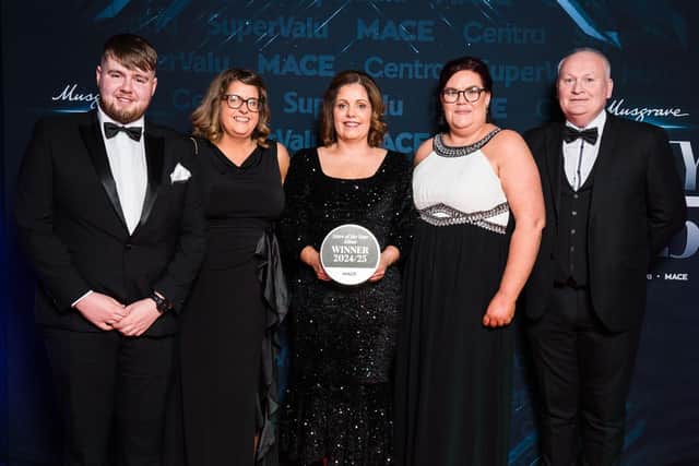 Picking up the silver award for Mace Large Format Store of the Year were the team from Mace Gortin Road in Omagh, with owner Keith Dolan (far right).