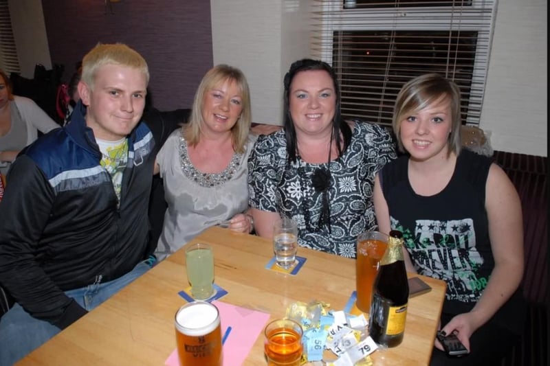 Barry Haveron, Trudie Beattie, Tracy Fleming and Laura Harte pictured at the quiz for MacMillan Cancer Support organised by the staff of the Larne branch of Boots and held in the Olderfleet Bars in 2010.