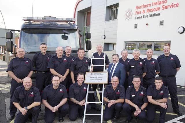 Health Minister Robin Swann with On-Call Firefighters, Larne Fire Station.