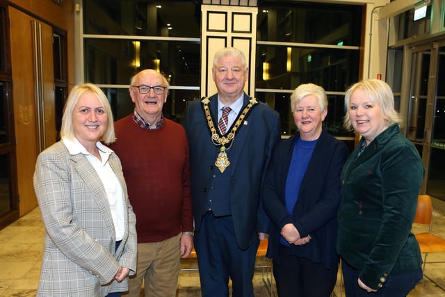 Selina Hutchinson and Jackie Hutchinson from Castlerock Community Association  pictured with Cllr Steven Callaghan, Mayor of Causeway Coast and Glens Borough, Alderman Michelle Knight-McQuillan and Cllr Dawn Huggins at a reception for Bann DEA community representatives.