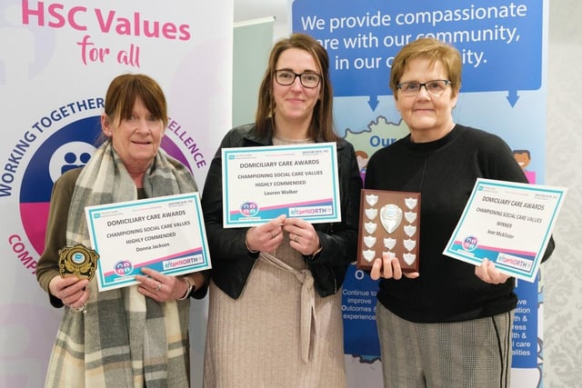 Ballymoney Homecare workers Donna Jackson and Lauren Walker who were joint highly commended in the Championing Social Care Values category along with overall winner Jean McAllister.