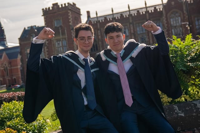 Graduating from the School of History, Anthropology, Philosophy and Politics at Queen's University Belfast are friends Jaime Cabrera from Spain and Fabrizio Armas from Peru.