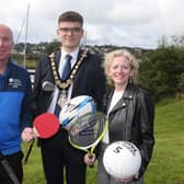 Mayor, Councillor Ciarán McQuillan launches the 2024 Causeway Coast and Glens Sports Awards alongside Stephen McCartney, Sports Development Manager and Pat Mulvenna, Director of Leisure and Development. CREDIT CCGBC