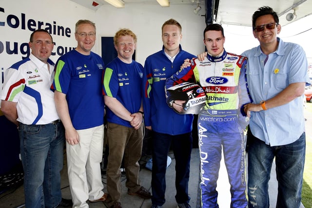 WORLD BEATER...Tony Stewart, Dermot Rafferty, Roy Dixon, and Alan Simpson pictured with former World Champion Jari-Matti Latcala during the Ford Fair at the Dunluce Centre in 2009.