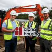 Pictured (L-R) at the sod cutting event to officially mark the commencement of work at Alpha Housing’s new £1 million development in Carnany Drive, Ballymoney, is DB Contract’s Construction Director Sean Dobbin, the Mayor of Causeway Coast and Glens Borough Council, Councillor Steven Callaghan QPM, and Alpha Housing’s Development Director James Wright. Credit Alpha Housing