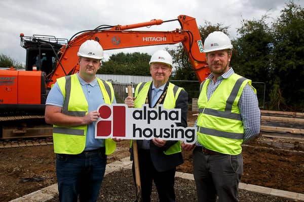 Pictured (L-R) at the sod cutting event to officially mark the commencement of work at Alpha Housing’s new £1 million development in Carnany Drive, Ballymoney, is DB Contract’s Construction Director Sean Dobbin, the Mayor of Causeway Coast and Glens Borough Council, Councillor Steven Callaghan QPM, and Alpha Housing’s Development Director James Wright. Credit Alpha Housing