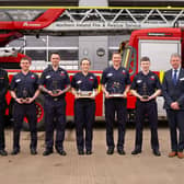 Award Winners (L-R) Interim Chief Fire & Rescue Officer Andy Hearn, Jon Morrison, Portadown (Winner of RTC Award), Richard Johnston, Banbridge (Winner of On-Call to Wholetime Award), Kirsty McKevitt, Newry (Winner of Top Trainee Award), Joshua Martin, Coleraine (Winner of Breathing Apparatus Award), Andrew Bailie, Belfast (Runner-up of Top Trainee Award), NIFRS Board Member Cllr Robert Irvine