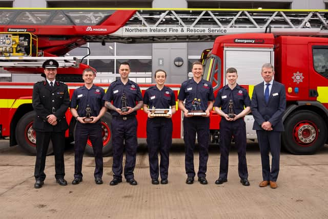 Award Winners (L-R) Interim Chief Fire & Rescue Officer Andy Hearn, Jon Morrison, Portadown (Winner of RTC Award), Richard Johnston, Banbridge (Winner of On-Call to Wholetime Award), Kirsty McKevitt, Newry (Winner of Top Trainee Award), Joshua Martin, Coleraine (Winner of Breathing Apparatus Award), Andrew Bailie, Belfast (Runner-up of Top Trainee Award), NIFRS Board Member Cllr Robert Irvine