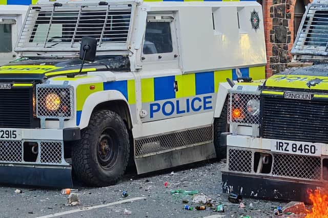 Police responding to disorder in Ballymena last month. Photo: Pacemaker