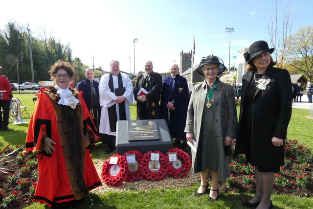 Pictured at the plaque unveiling are Alderman Gerardine Mulvenna, Mayor of Mid and East Antrim; Cllr Andrew Clarke; Re. David Lockhart; Rev Dr Paul Reid; Alderman Roy Beggs; Patricia Perry, High Sheriff of County Antrim, and Miranda Gordon, Vice Lord Lieutenant.
