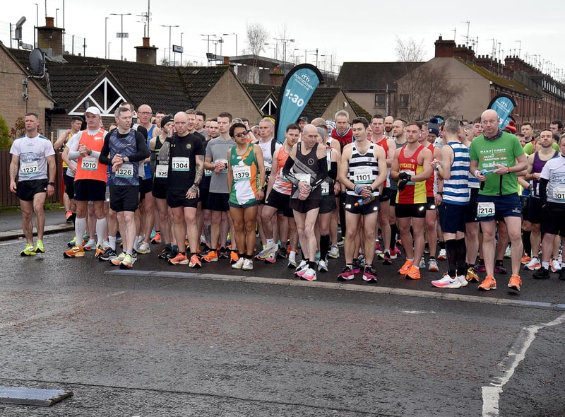 Ready to run...Competitors at the start line of the Portadown Festival of Running half marathon. PT11-218.