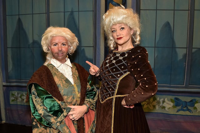 The Baron and Baroness in the Gateway Theatre Group 40th anniversary pantomime, 'Cinderella' played by Bernie Baine and Julie Brady. PT01-235.