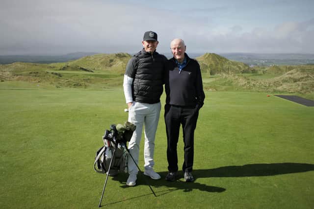 Well-known golf travel expert Matt Ginella (left) with and Des Giffin, Portstewart Golf Club (right) during filming at Portstewart Golf Club.