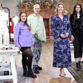 Claire McCollum, presenter of A Stitch Through Time (centre), with designers, from left, Fashion & Textiles student Aoife Harvey, 23, from Londonderry, DIY fashion influencer AJ Tinsley, 25 from Belfast, fashion graduate Annie McColgan, 24, from Portadown, and 3D fashion designer Giovana de Bona, 27, originally from Brazil, living in Bushmills. Credit Pacemaker Press