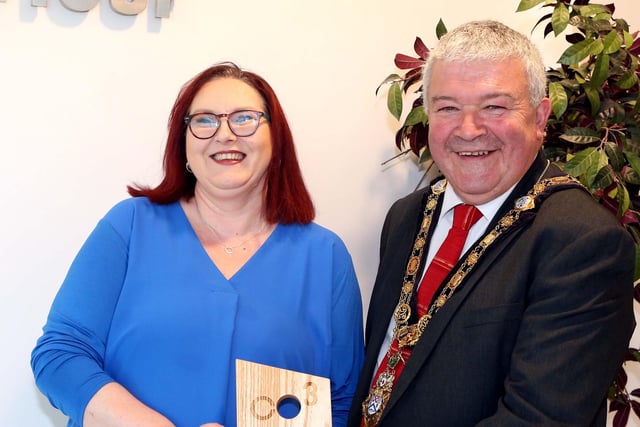 Linda McKendry, CO3 Leadership Award 2022 for Covid champion and Senior Management Team at CAN pictured with Cllr Ivor Wallace Mayor of Causeway Coast and Glens Borough Council at a civic reception at council headquarters in Coleraine